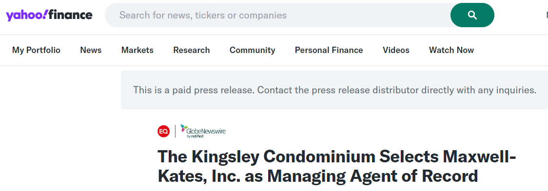 YAHOO FINANCE – The Kingsley Condominium Selects Maxwell-Kates, Inc. as Managing Agent of Record